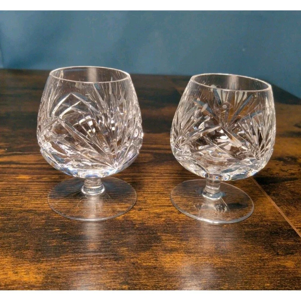 2 Crystal Cut Criss Cross Fan Cherrywood Pattern Brandy Glass Snifter Beautiful